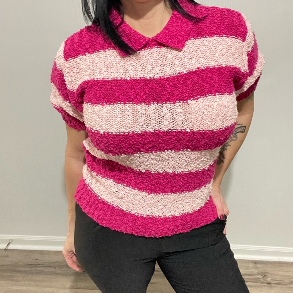 Vintage Sea Wind Silk Blend Shirt Sleeve Sweater, Pink Stripe, Size: Medium!